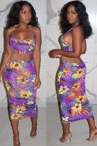 purple Polyester Fashion Lightly cooked Floral Print Two Piece Suits pencil Sleeveless Two Pieces
