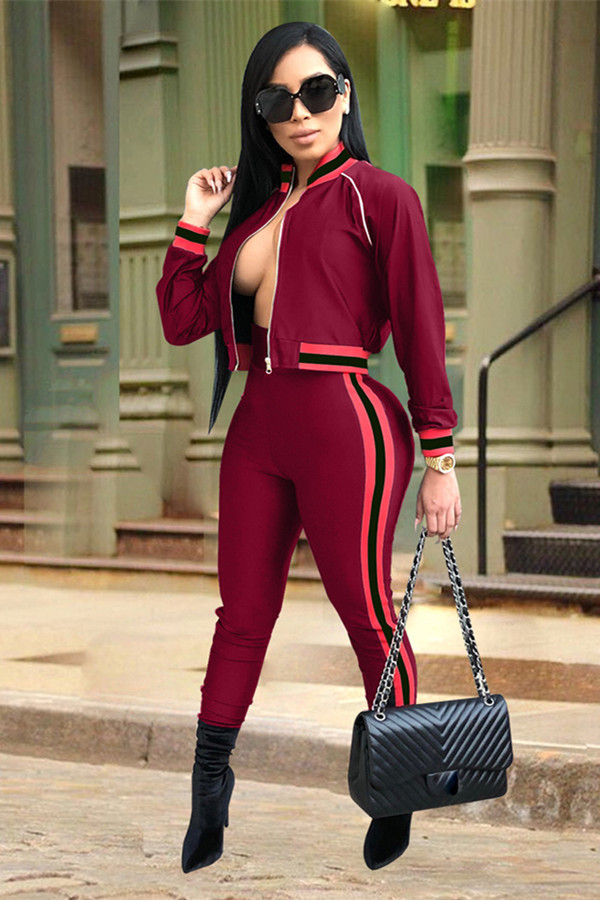 Wine Red Elastic Fly Long Sleeve Mid Patchwork Straight Pants