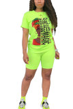 Fluorescent green Polyester Fashion adult Street Letter Patchwork Print Two Piece Suits Straight Short Sleeve Two Pieces