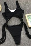 Black  Tassel Leopard Asymmetrical Solid Fashion Sexy One-Piece Swimwear