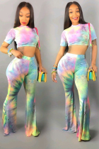 Multi-color Polyester Sexy Fashion crop top Tie Dye Slim fit Skinny Short Sleeve  Two-piece Pants Set
