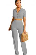 Grey Polyester Casual Solid Straight Short Sleeve  Two-piece Pants Set