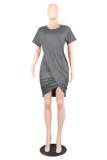 Grey Casual adult Sexy Fashion Short Sleeves O neck Pleated Mini Solid Draped asymmetrical