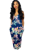 Navy Blue Casual Off The Shoulder Sleeveless Slip Swagger Floor-Length Print Patchwork