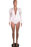 White Sexy Button Solid Polyester Long Sleeve Turndown Collar 