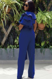 Blue Solid zipper Patchwork Short Sleeve O Neck Jumpsuits