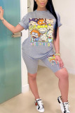 Grey Fashion Sexy Print Two Piece Suits pencil Short Sleeve Two Pieces
