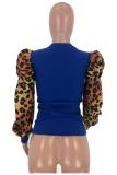 Wine Red Nylon O Neck Long Sleeve Leopard Print Patchwork Slim fit 