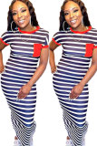 Red Polyester Fashion Red Yellow Bat sleeve Short Sleeves O neck Step Skirt Ankle-Length Striped Print Pocket Dresses