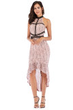 Pink Fashion Off The Shoulder Sleeveless O neck Mermaid Mid-Calf asymmetrical Patchwork lace 