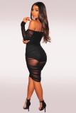 Black Polyester Sexy Off The Shoulder Long Sleeves One word collar Step Skirt Knee-Length hollow out backl