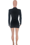 Black Sexy Cap Sleeve Long Sleeves O neck Step Skirt skirt Solid Club Dresses