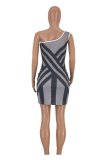Grey Polyester Sexy Fashion adult One Shoulder Sleeveless one shoulder collar Striped Print  Club Dresses