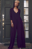 purple Work Solid Polyester Long Sleeve V Neck  Jumpsuits