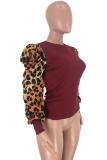 Wine Red Nylon O Neck Long Sleeve Leopard Print Patchwork Slim fit 