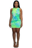 Green Polyester Fashion adult Lightly cooked Red Green Off The Shoulder Sleeveless O neck Step Skirt Mini Print Patchwork Tie and dye Dresses