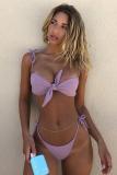 Pink Bow-knot crop top Solid bandage Asymmetrical Sexy Fashion Tankinis Set