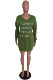 Army Green adult Casual Fashion Cap Sleeve Long Sleeves V Neck Lantern skirt Knee-Length Patchwork Embro