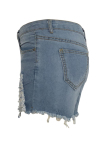 Blue Denim Zipper Fly Button Fly High washing Hole Zippered Pocket Straight shorts Shorts