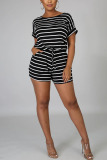 Blue Fashion Active Striped Print Two Piece Suits Straight Short Sleeve Two Pieces