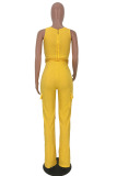 Yellow Fashion Asymmetrical bandage Solid Pocket zipper Sleeveless Slip Jumpsuits