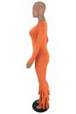 Orange Sexy Fashion Solid Ruffled Polyester Long Sleeve V Neck 