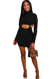 Black Polyester Casual Cap Sleeve Long Sleeves Turtleneck Step Skirt Knee-Length Solid  Long Sleeve Dresse