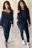 Dark Blue Casual Beading Solid Two Piece Suits Patchwork pencil Long Sleeve