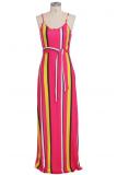 rose red Polyester Fashion Sexy Spaghetti Strap Sleeveless Slip A-Line Floor-Length Print asymmetrical Stripe