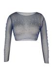 Blue Polyester O Neck Long Sleeve Solid Mesh Patchwork Beading perspective  Tees & T-shirts