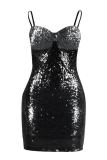 Black Polyester adult Fashion Sexy Spaghetti Strap Sleeveless Slip Step Skirt skirt Sequin Solid  Club Dre