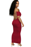 Wine Red Chemical fiber blend Sexy Off The Shoulder Short Sleeves One word collar Step Skirt Ankle-Length Sol