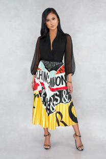 Yellow Polyester Elastic Fly Mid Print Patchwork Draped Pleated skirt Capris  Skirts