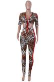 Leopard print Polyester Street Fashion adult Two Piece Suits Leopard Bandage Print pencil Long Sleeve  Two-piece P