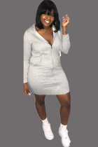 Grey Polyester Sexy Cap Sleeve Long Sleeves Hooded Step Skirt skirt Patchwork chain Solid  Club Dresses