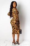 rose red OL Fashion adult Cap Sleeve Long Sleeves V Neck Step Skirt Mid-Calf Print Leopard