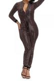 Gold Sexy Fashion zipper Sequin Chlorine Long Sleeve O Neck Jumpsuits