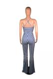 Blue Sexy Fashion Striped bandage Backless Hollow Polyester Sleeveless Slip  Jumpsuits