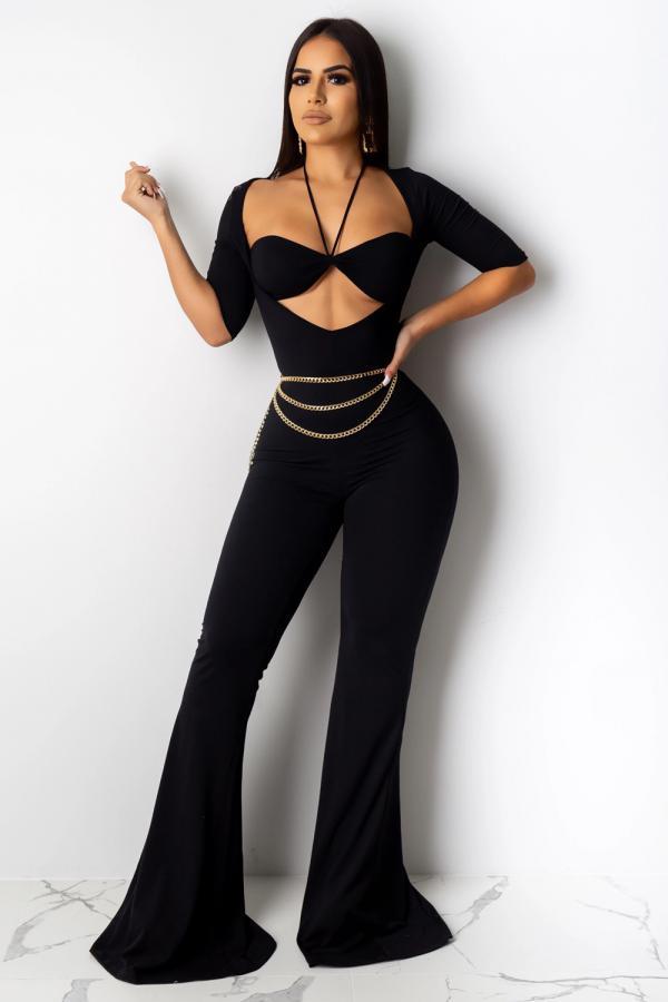 Black Sexy adult Fashion asymmetrical Solid Two Piece Suits HOLLOWED OUT Loose Half Sleeve Two-