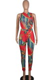 Red Polyester Fashion Ma'am adult Sexy Two Piece Suits Print Patchwork pencil Sleeveless  Two-piece Pant