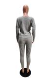 Grey Polyester Fashion adult Casual Solid Two Piece Suits pencil Long Sleeve  Two-piece Pants Set