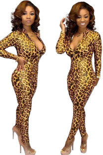 Yellow Sexy Print Polyester Long Sleeve O Neck  Jumpsuits