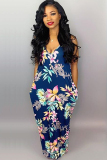 Navy Blue Casual Off The Shoulder Sleeveless Slip Swagger Floor-Length Print Patchwork