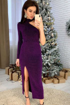purple Sexy One Shoulder Long Sleeves one shoulder collar Slim Dress Ankle-Length split  Club Dresses
