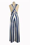 Wine Red Sexy Fashion zipper Striped Print Patchwork Polyester Sleeveless V Neck  Jumpsuits