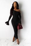 Black Fashion Sexy adult Bell sleeve Long Sleeves one shoulder collar Step Skirt Ankle-Length Pa