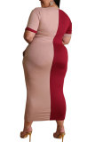 Pink Fashion Sexy adult O Neck Patchwork Solid contrast color Stitching Plus Size