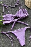 purple Bow-knot crop top Solid bandage Asymmetrical Sexy Fashion Tankinis Set