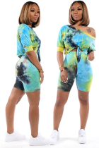 Green Polyester Fashion adult Casual Tie Dye Bandage Print Two Piece Suits Patchwork pencil Half Sleeve 