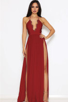 Wine Red Polyester Sexy Fashion Spaghetti Strap Sleeveless Slip A-Line Floor-Length lace Patchwork backless c